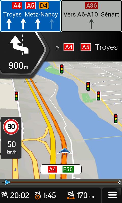 1.4.7 Signposts If necessary information is available, igo Navigation app displays signposts at the top of the map.