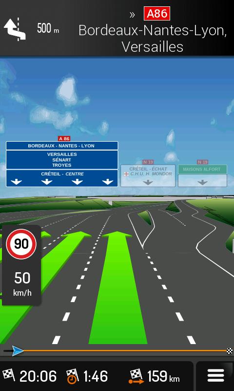 All signposts look similar when cruising (when there is no planned route). During navigation only the signpost that points to the lane(s) to be taken is highlighted; all the others are darker.