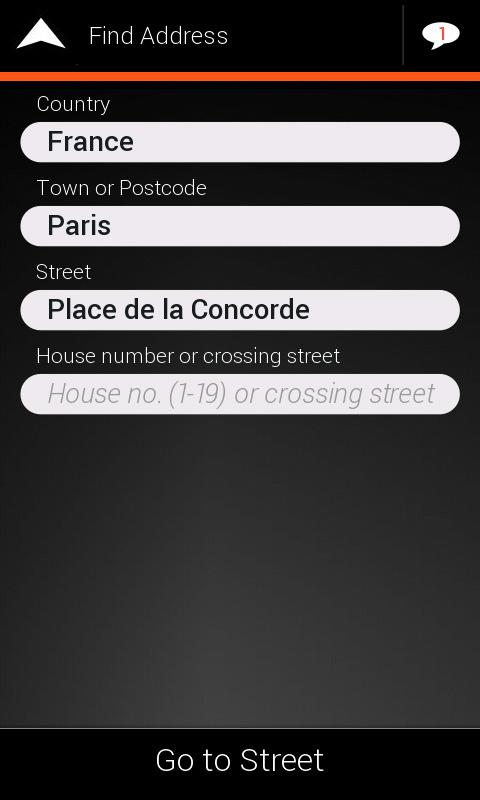 3. By default, igo Navigation app proposes the country and town where you are (or in case there is no valid GPS position, the country and town of the last known position).