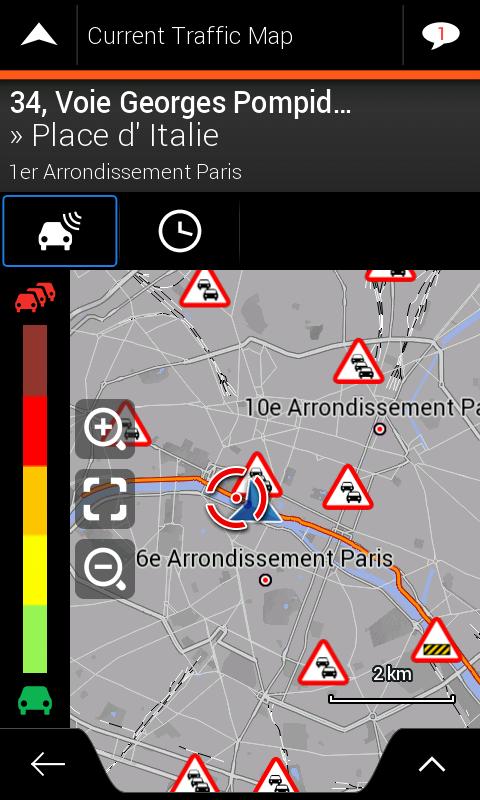 Tap to display real-time traffic information on the map. A 2D map is displayed with road segments coloured by the impact on the traffic flow. 3.