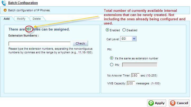 4.4 Creating Extension Numbers The ipbx will be assigned with the number of user license from the service provider.