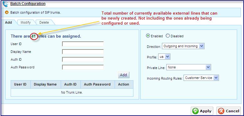 4.7.1 Create VoIP Trunk Line numbers for ipbx 1. Go to the page of Telephony Settings VoIP Trunks 2. Click the button of <Batch Config> to create VoIP Trunk line numbers. Figure 5.