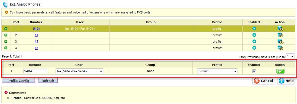 Port 1~4 Number User Group Profile Enable Action The labeled number at the back of ipbx, FXS ports Enterprise internal extension number The device or user s name which is assigned to the specific FXS
