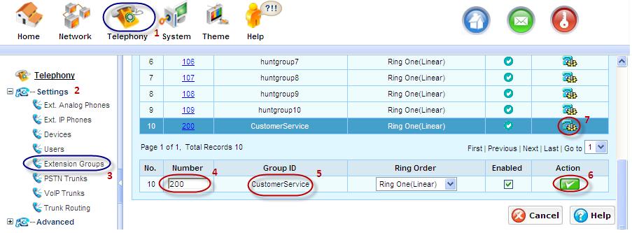 Figure 5.9 Defining Call Hunting Group 1. Go to the page of Extension group settings, Telephony Settings Extension Groups.. Click any one of them, and start your configurations. 2.