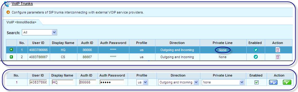 Two external phone numbers (VoIP trunk lines) are routed to Auto Attendant system.