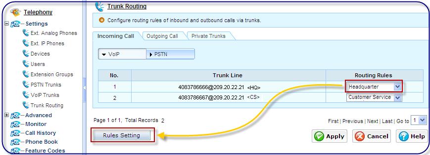 Figure 5.15 Assigning Auto Attendant Routing Rule 6. Configuring the incoming call routing rules by the following criteria.