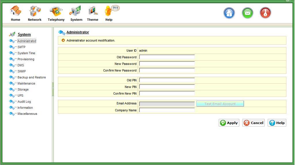 6 System Configuration 6.1 Administrator Configuration The Administrator page allows you to modify the password for the system administrator account. 6.1.1 Accessing the Administrator Page Procedure: 1.