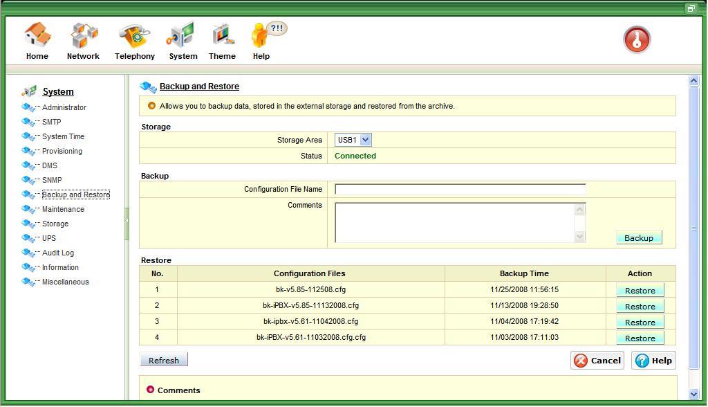 2. Click System Time link under the System menu in the left panel. The Backup and Restore Configuration screen appears (Figure 7.7). Figure 7.7 ipbx System Configuration Backup and Restore 6.