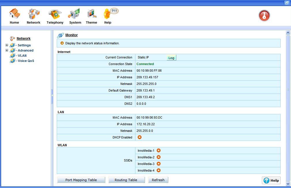 Figure 8.1 ipbx network monitor screen 7.1.3 Information on the Monitor Screen Internet Table 1describes the information displayed on the Internet fields.
