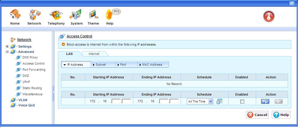 7.5.2 Access Control This feature is only available at models ipbx-400f, and ipbx-404f Access Control is a feature designed to let the system administrator to regulate the access of internal PCs to