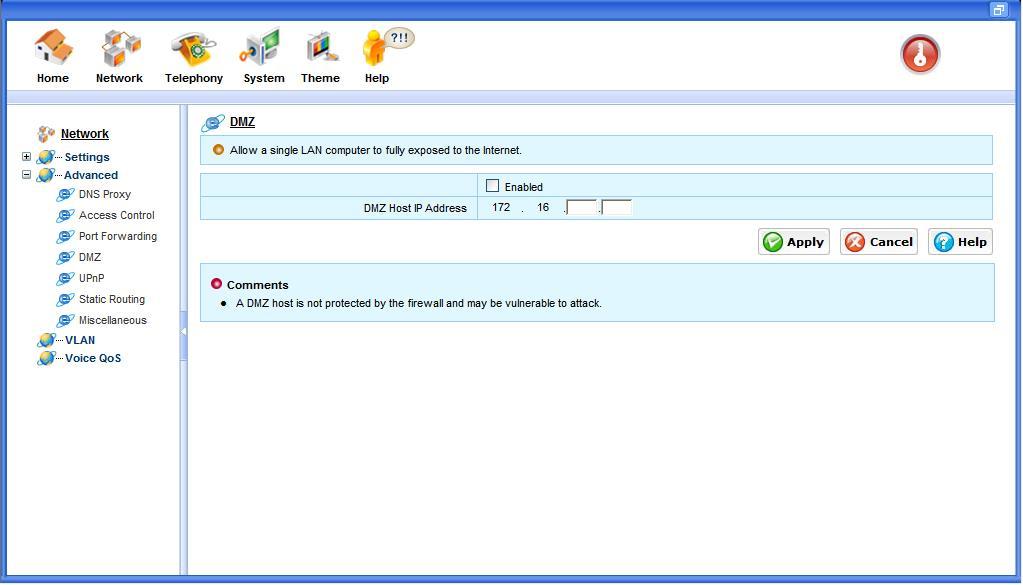 Figure 8.13 ipbx VoIP Firewall: DMZ Settings To configure the DMZ settings, follow these steps: 1. Check the Enabled option box. 2.