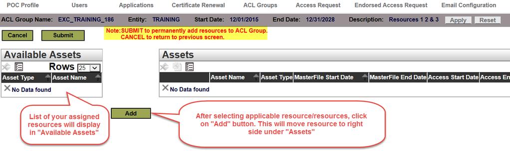 2. Select an asset from the Available Assets list and click the Add button to add an asset to the ACL group. 3.
