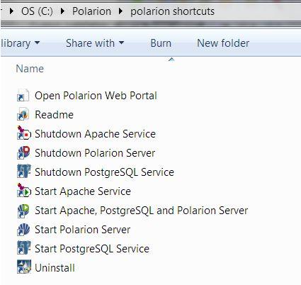 Chapter 5: Starting and stopping Polarion The Windows installer creates and automatically configures a set of shortcuts that enable you to start and stop the Apache service, start and stop the
