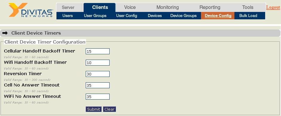 In the Clients Device Config webpage, increase the Cell No Answer Timeout field to allow a DiVitas Client in Cellular