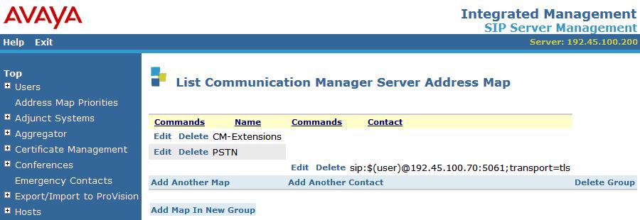 The Communication Manager Server Address Map is listed in Figure 23.