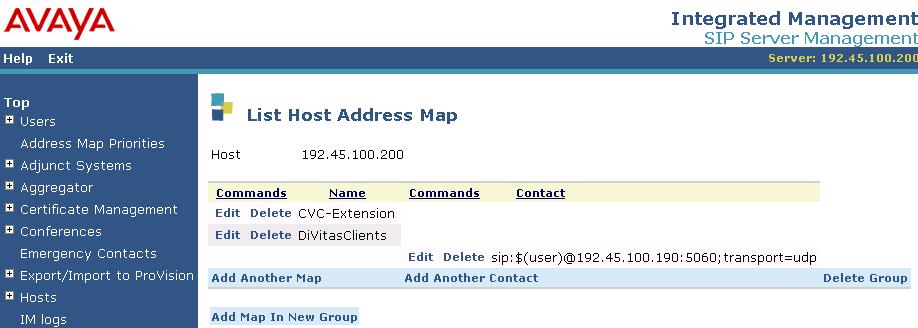 The Host Address Map is listed in Figure 27. Figure 27: List Host Address Map The IP address of the DiVitas UC Server must be configured as a trusted host on Avaya SES.