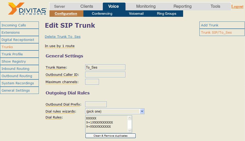 The DiVitas Server and Avaya SES communicate over a SIP trunk. All calls from a DiVitas Client are routed over the SIP trunk to Avaya Communication Manager.