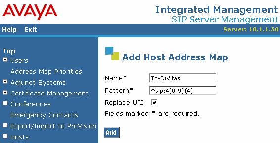 A Host Address Map is required for routing calls to the DiVitas Clients (i.e., Nokia N95) on the DiVitas UC Server based on the content of the SIP INVITE URI.