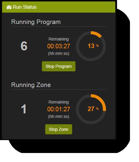 The next section indicates the run time remaining for a program and for the zone currently running within that program. It also allows the user to stop the running program or zone. 3.