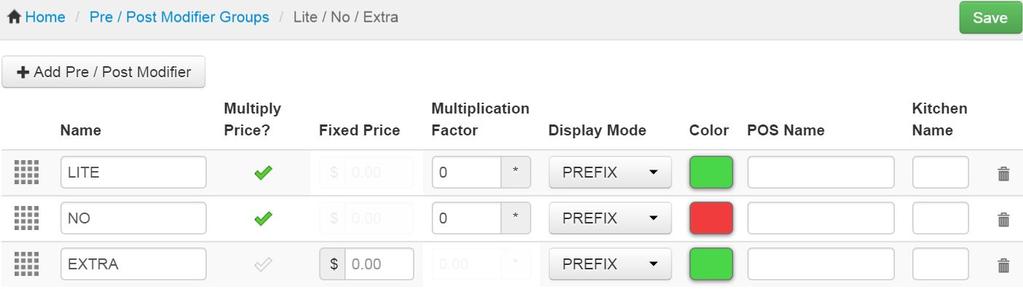 When the server selects the NO pre modifier, then selects a modifier option with an upcharge (for example: