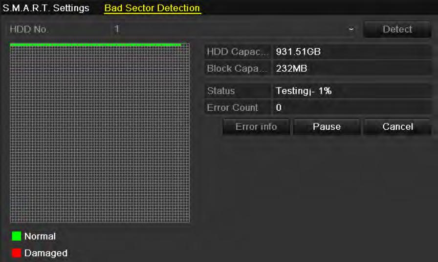 Menu>HDD>HDD Detect>Bad Sector Detection Figure 10.20 Bad Sector Detection 2. Select a HDD and click Detect to start detecting. Figure 10.21 Bad Sector Detecting 3.