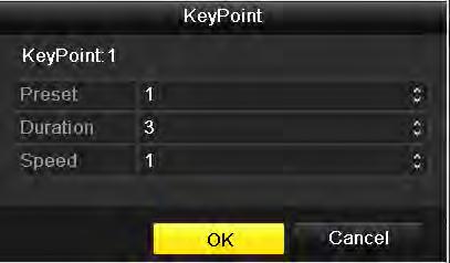 Configure key point parameters, such as the key point No., duration of staying for one key point and speed of patrol. The key point is corresponding to the preset. The Key Point No.