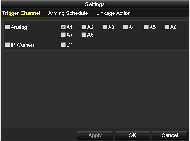 5) Select the channels which you want the motion detection event to trigger recording.