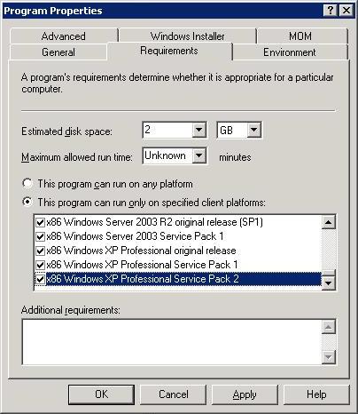 For the Requirements program properties tab, select values based on the system requirements of the SAS software to