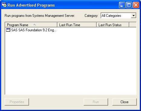 After advertisement of the package has been performed, the SAS software package will potentially be displayed in the Run Advertised Programs dialog as seen below.