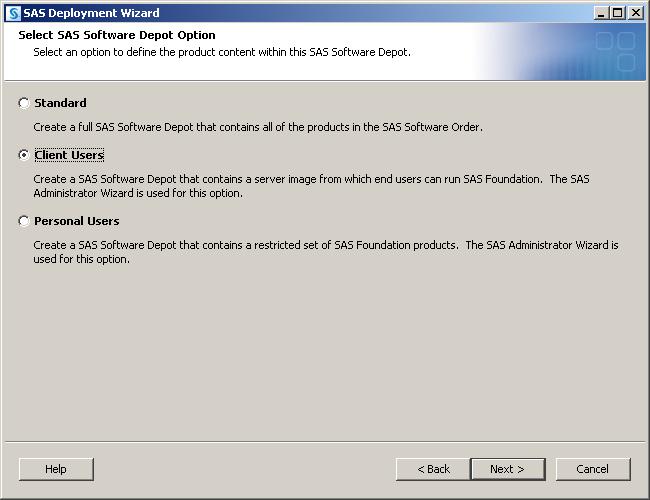 To create a network image of SAS from which small footprint clients can run, choose Client Users from the Select Software Depot Option dialog.