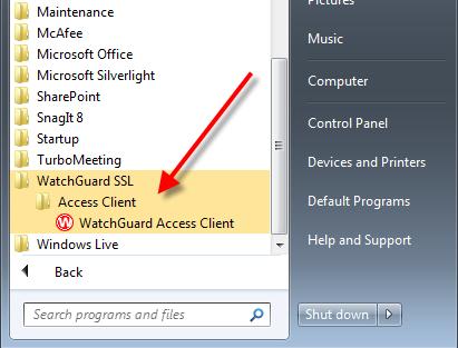 4. After the installation finishes, click Start > All Programs > WatchGuard SSL > Access Client a.