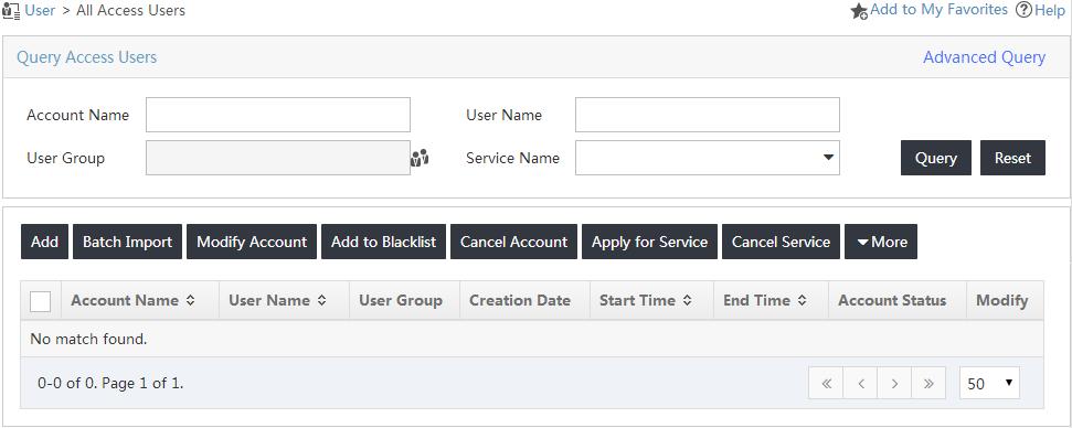 Figure 12 Viewing the new access service Configuring an access user 1. Click the User tab. 2.