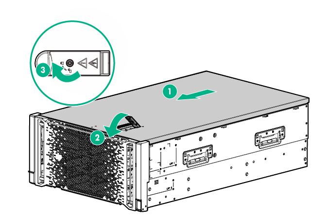Install the access panel Procedure 1. Place the access panel on top of the server with the hood latch open. Allow the panel to extend past the rear of the server approximately 1.25 cm (0.5 inch). 2.