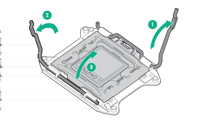 8. Open each of the processor locking levers in the order indicated in the following illustration, and then open the processor retaining bracket. 9. Remove the clear processor socket cover.