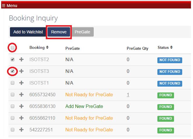3.2 Removing containers from Watchlist You can remove a booking or bookings from the Watchlist by selecting all on the top right, or individually selecting the booking(s) you want, and clicking