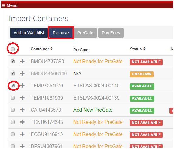 2.2 Removing containers from Watchlist You can remove a container or containers from the Watchlist by selecting all on the top right, or individually
