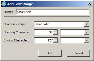 The Add Font Range dialog allows the user to add a glyph import range to the associated font file.