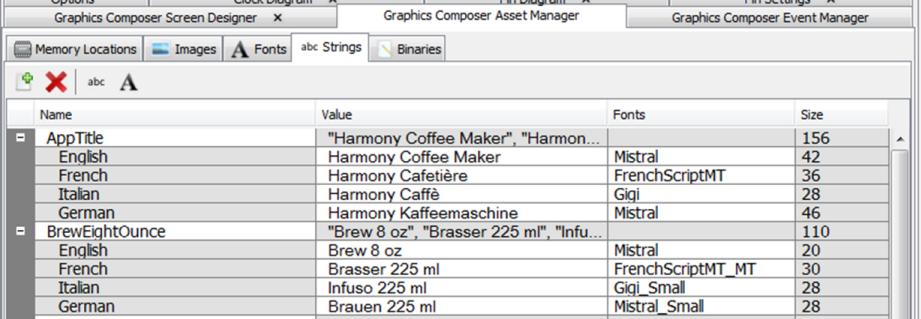 Graphics Composer Asset Manager The Strings tab allows users to enter the different strings used in the project on all screens.