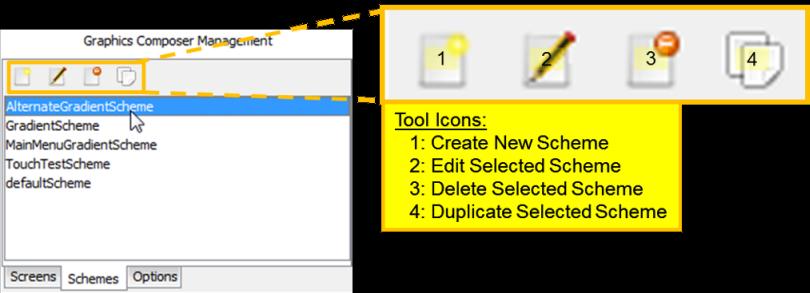 Graphics Composer Management Editing a Scheme To edit an existing scheme, select the scheme from the list and click Edit.