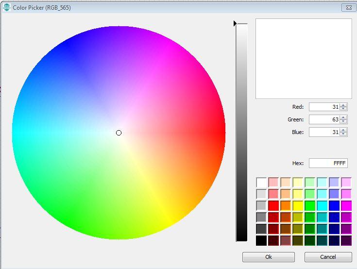 Color Picker Dialog Box The Color Picker dialog box allows the user to easily select a color by providing a color wheel, brightness gauge, and some common predefined color choices.