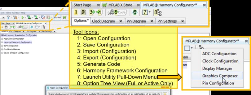 (Configuration) 5: Generate Code 6: Harmony Framework Configuration 7: Launch Utility Pull-Down Menu 8: