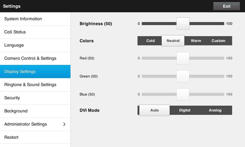 Display Settings Settings > Display Settings The Display Settings window lets you set the brightness and adjust the colors of your EX