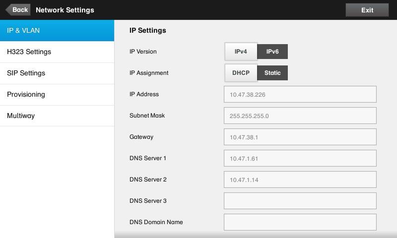 IP & VLAN Settings > Administrator Settings > Network Settings > IP & VLAN Tap Network Settings to invoke this window.