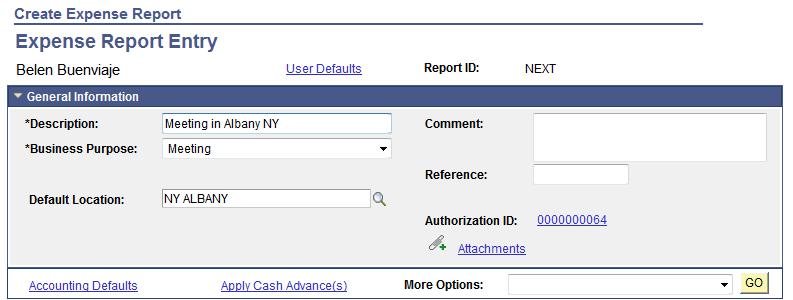4. The Expense Report Entry page displays. In the General Information section, click the Authorization ID link to view the associated Travel Authorization in a popup window.