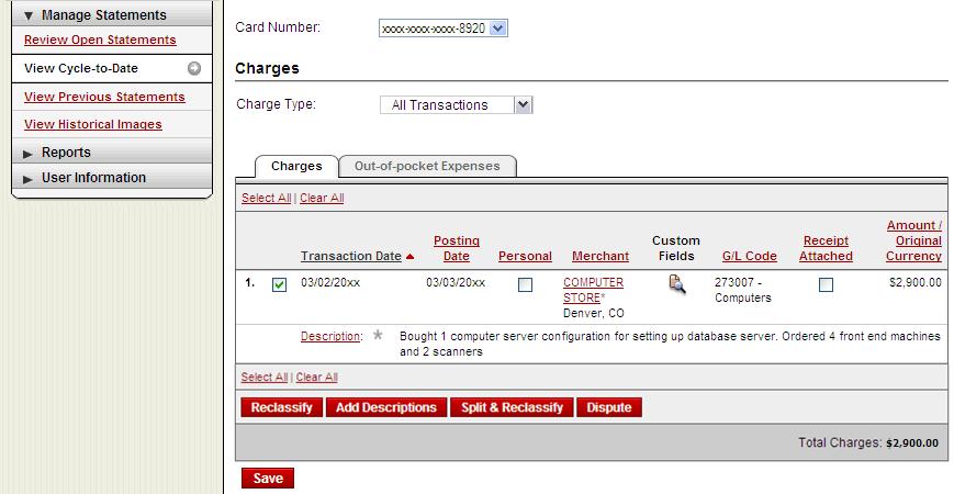 13 Manage Statements Review posted charge features Indicate that a purchase was a Personal charge (if your company has this option) View additional Merchant details by selecting the