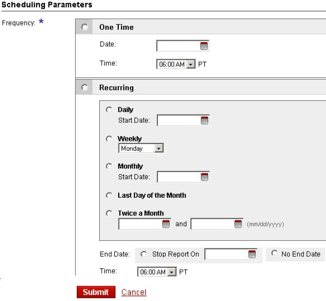 43 Scheduling Parameters - example The system sends you an email when the report is ready If you select Scheduled