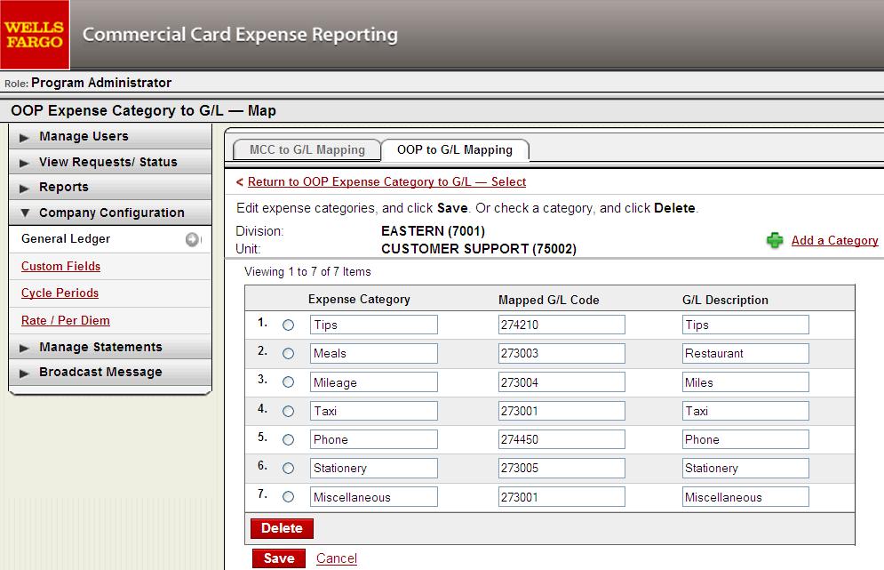 General Ledger Out-of-Pocket Expenses (OOP) to G/L Mapping Edit