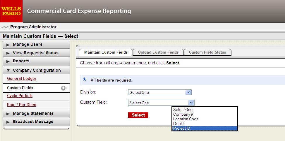 49 Custom Fields Maintain Custom Fields If your company includes additional data for statement charges (such as a project ID,