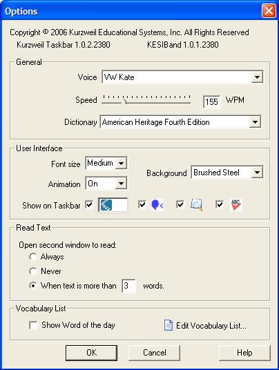 Setting Kurzweil 3000 Taskbar Options There are a number of options that you can set for Kurzweil 3000 Taskbar.