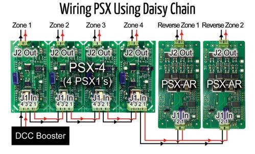 9. Connect the two wires from the DCC Booster to the PSX J1-3 & J1-4 INPUT terminal 10. When Power is applied to the PSX, the D12 LED near the J1 Input and the D7 LED near the J2 Output should be on.